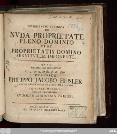 Dissertatio Ivridica De Nvda Proprietate Pleno Domino Vt Et Proprietatis Domino Servitvtem Imponente : Qvam Praesertim Occasione L. 4. et 15. in fin. ff. de usufr.