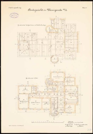 Amtsgericht und Gefängnis, Wernigerode: Grundriss Obergeschoss, Dachgeschoss mit Balkenlage 1:100