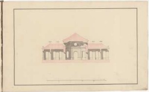 Lusthaus, 3. Entwurfsvariante, Längsschnitt : Lusthaus, 3. Entwurfsvariante, Längsschnitt, Zacharias Longuelune, 1715/1748. Feder, Pinsel in Wasserfarbe/Papier. 28,6 x 45,9 cm. Maßstab ohne Maßeinheit (50=18,3 cm). Vgl. SLUB/HS Mscr.Dresd.i.15,Bl.24, Entwurf, Grund- , Aufriss und Längsschnitt.
