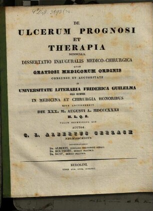De ulcerum prognosi et therapia nonnulla : Diss. inaug. med. chir.