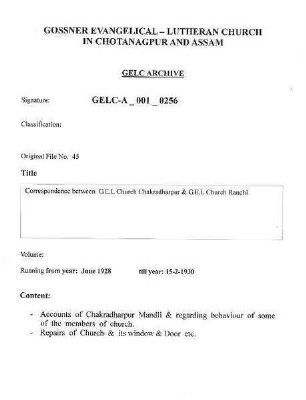 Correspondence between G.E.L. Church Chakradharpur & G.E.L.C. Ranchi