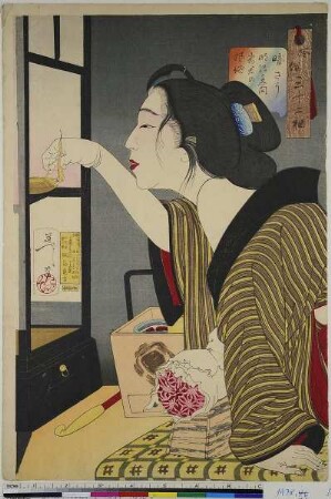 Es scheint dunkel zu sein: Die Gepflogenheiten einer Hausfrau der Meiji-Zeit, Blatt 27 aus der Serie: 32 Aspekte von Frauen