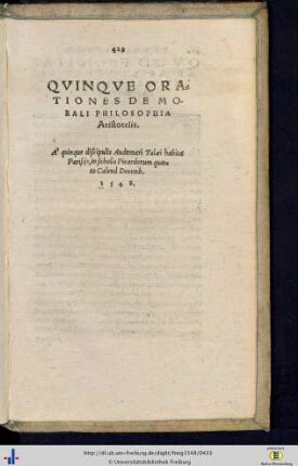 Quinque orationes de morali philosophia Aristotelis.