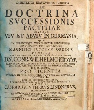 Dissertatio Inavgvralis Ivridica De Doctrina Svccessionis Pactitiae Eivsqve Vsv Et Abvsv In Germania