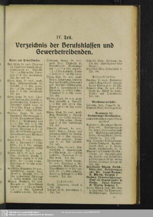 IV. Berufsklassen und Gewerbebetriebe : IV. Teil. Verzeichniß der Berufsklassen und Gewerbetreibenden
