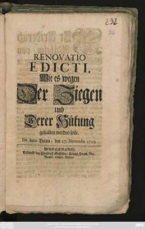 Renovatio Edicti, Wie es wegen Der Ziegen Und Deren Hütung gehalten werden solle : De dato Berlin, den 27. Novembris 1719.