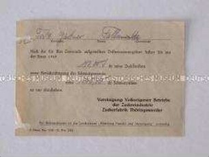 Aufforderung zur Ablieferung 140 dz Zuckerrüben - Personenkonvolut