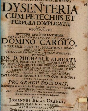 Diss. inaug. med. de dysenteria cum petechiis et purpura complicata