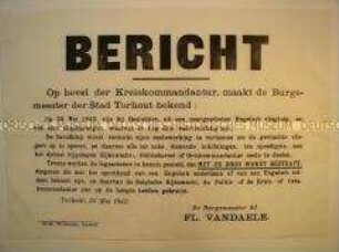 Maueranschlag aus dem besetzten Belgien zur Suche nach der Besatzung eines abgeschossenen englischen Flugzeuges