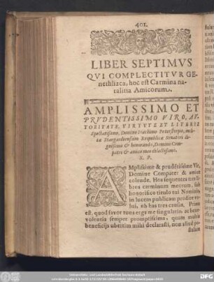 Liber Septimus Qui Complectitur Genethliaca, hoc est Carmina natalitia Amicorum.