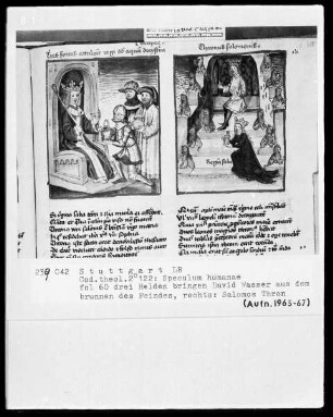 Zwei Schriften — Speculum humanae salvationis — Textseite mit zwei Miniaturen, Folio 60recto