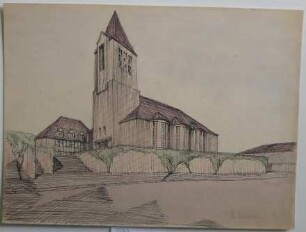 [Kirche mit Pfarrhaus, von einer Mauer umgeben]