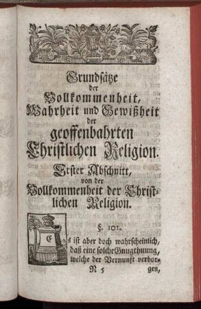 Erster Abschnitt, von der Vollkommenheit der Christlichen Religion.