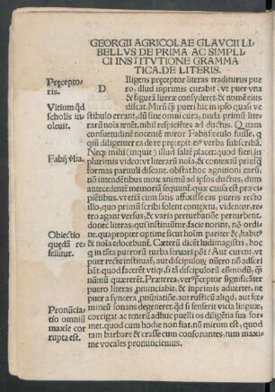 Georgii Agricolae Glaucii Libellus De Prima Ac Simplici Institutione Grammatica.