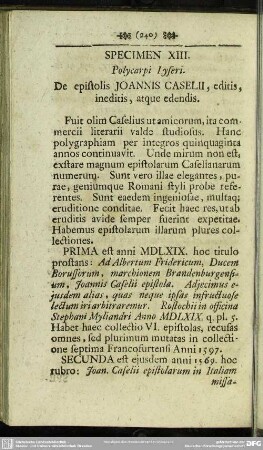 Speciem XIII. Polycarpi Lyseri. De epistolis Joannes Caselii, editis, ineditis, atque edendis