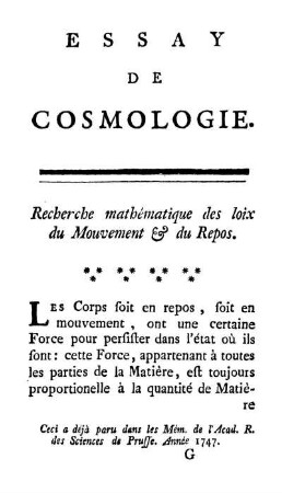 Recherche mathématique des loix du Mouvement & du Repos.
