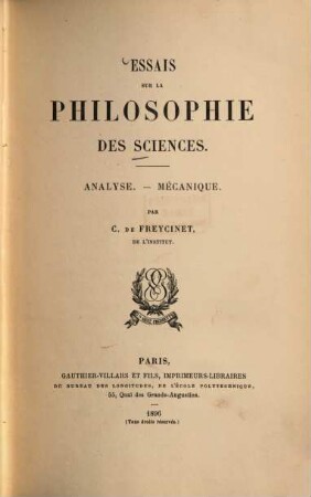 Essais sur la philosophie des sciences : analyse, mécanique