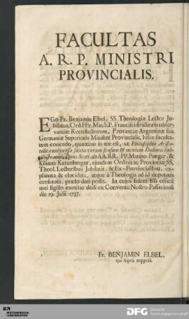 Facultas A. R. P. Ministri Provincialis.