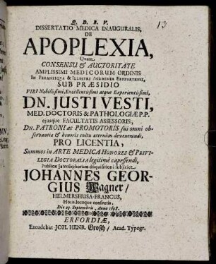 Dissertatio Medica Inauguralis, De Apoplexia