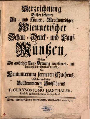 Verzeichnung Bisher bekanter Alt- und Neuer, Merckwürdiger Wiennerischer Schau- Denck- und Lauf-Müntzen