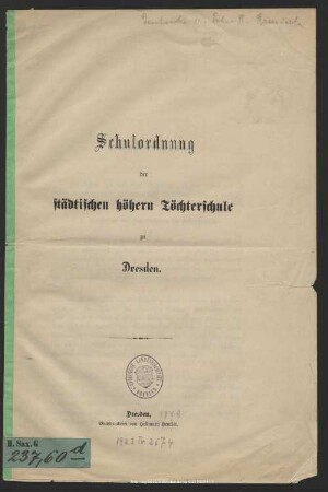 Schulordnung der Städtischen Höhern Töchterschule zu Dresden