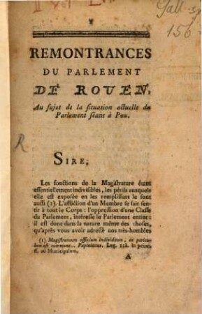 Remontrances du Parlement de Rouen, au sujet de la situation ... du Parlement séant a Pau