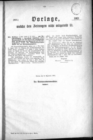 Anlagen: (923), Vorlagen, welche den Zeitungen nich mitgeteilt sind, 09. Dezember 1921
