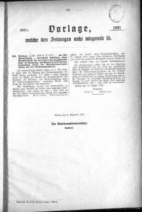 Anlagen: (923), Vorlagen, welche den Zeitungen nich mitgeteilt sind, 09. Dezember 1921