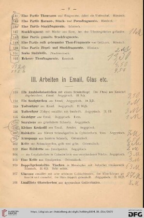 III. Arbeiten in Email, Glas etc. (Nr. 153-182)