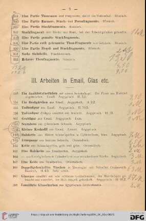 III. Arbeiten in Email, Glas etc. (Nr. 153-182)