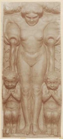 Entwurf für ein Schmuckrelief mit weiblicher Quelle und zwei kleinen Faunen : Plastischer Schmuck für das Nordbad in Leipzig. Entwurf für ein Schmuckrelief mit weiblicher Quelle und zwei kleinen Faunen. Ton? (1913; M. Molitor)