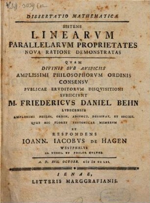 Dissertatio Mathematica Sistens Linearvm Parallelarvm Proprietates Nova Ratione Demonstratas