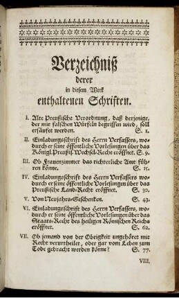 Verzeichniß derer in diesem Werck enthaltenen Schriften.
