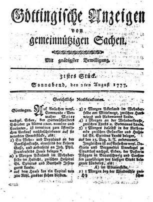 31stes Stück. Sonnabend, den 2ten August 1777.