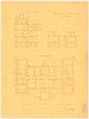 Schloss Kuhnau Umbau und Erweiterung: Grundriss Keller; 3 Schnitte, Maßstabsleiste (Fuß rhl. ?)