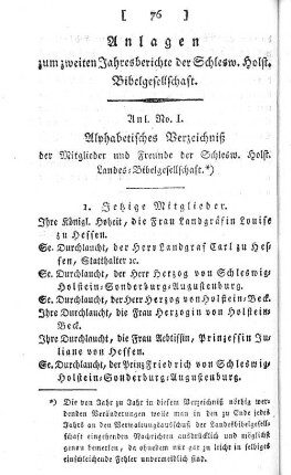Anl. No. I. Alphabetisches Verzeichniß der Mitglieder und Freunde der Schlesw. Holst. Landes=Bibelgesellschaft.