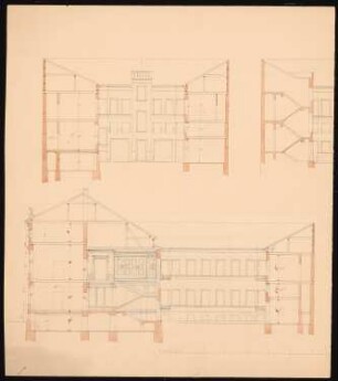 Palais Behr-Negendank, Berlin: Erster Teil der Zeichnung: Ansicht Quergebäude mit Schnitten Seitenflügel, Schnitt Wohnhaus und Seitenflügel