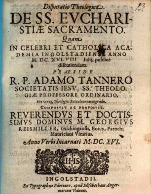 Disputatio Theologica. De SS. Eucharistiae Sacramento