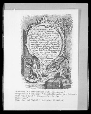 Geschäftskarte des Krämers Gottfried Zapf