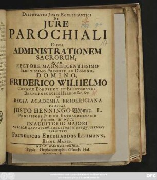 Disputatio Juris Ecclesiastici De Jure Parochiali Circa Administrationem Sacrorum