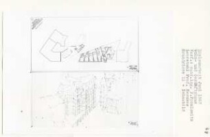 Wohn- und Geschäftshaus (Diplomarbeit bei Bernhard Hermkes): Grundrisse + 22.00, 1:200 und Perspektivische Ansicht (Vogelschau)