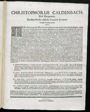 Christophorus Caldenbach, Prof. Eloquentiae, Ejusdem Studiis addictae Literariae Juventuti Gaudia Natalitia sincera precatur