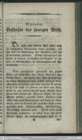 Allgemeine Geschichte des heutigen Adels