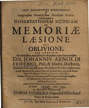 Dissertationem Medicam De Memoriae Laesione Seu Oblivione