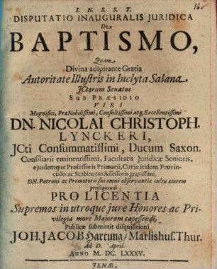 Disputatio Inauguralis Iuridica De Baptismo