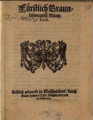 Fürstlich-Braunschweigisch Münz-Edict : Nebst Tax-Ordnung