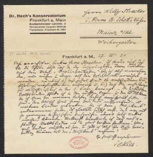 Brief an Willy Strecker und B. Schott's Söhne : 27.04.1931