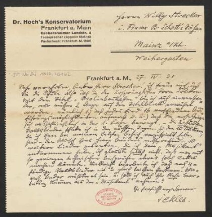 Brief an Willy Strecker und B. Schott's Söhne : 27.04.1931