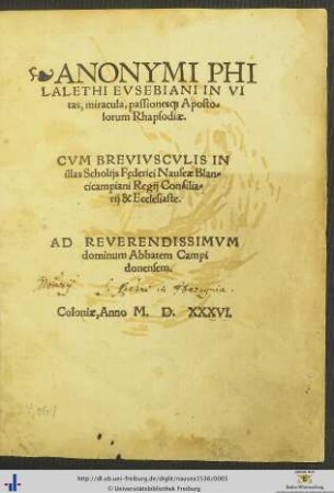 ANONYMI PHILALETHI EVSEBIANI IN VItas, miracula, passiones[que] Apostolorum Rhapsodiae. CVM BREVIVSCVLIS IN illas Scholijs Fęderici Nauseae Blancicampiani Regij Consiliarij & Ecclesiaste.AD ... dominum Abbatem Campidonensem.
