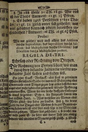 Regular de-Tri. Lehrsatz oder Rechnung von Dreyen. - Vielfältigung gebrochener Zahl.